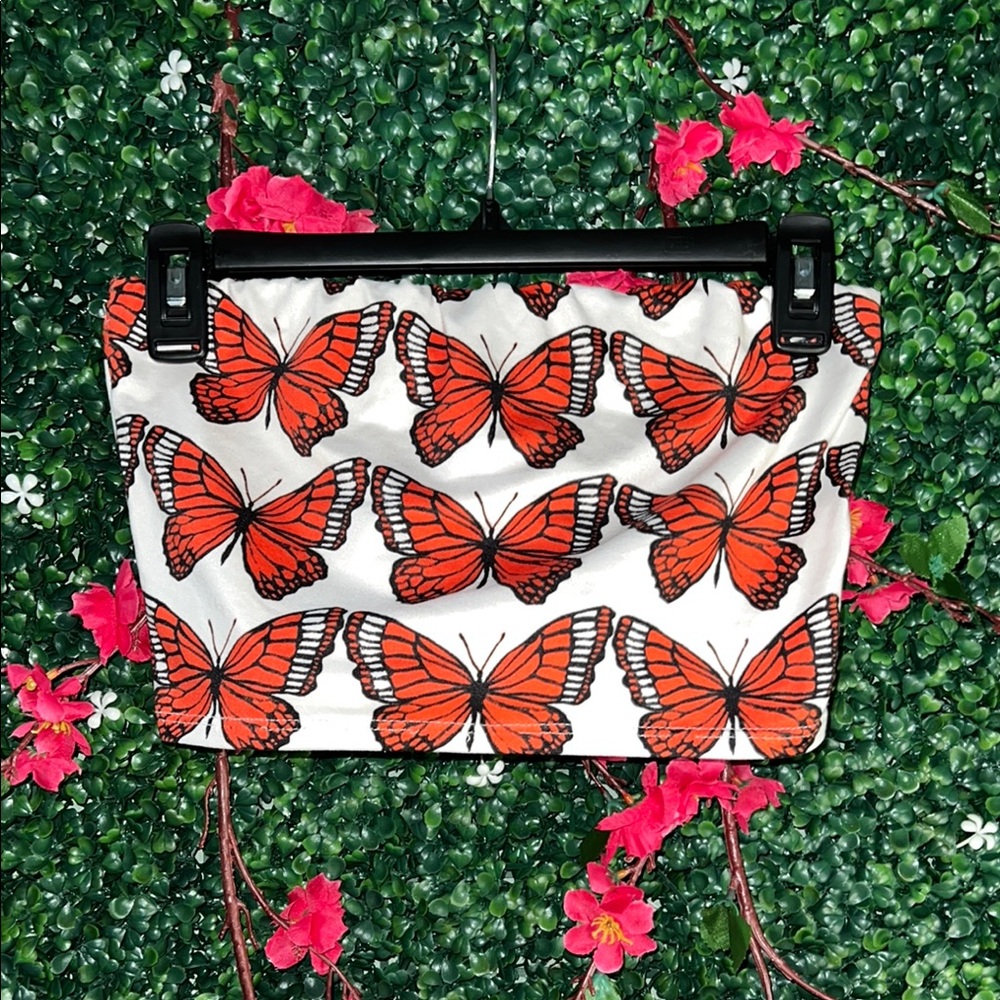 White and Orange Crop Top with Butterfly Design